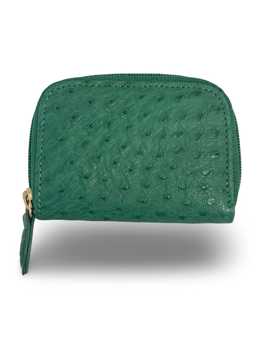 Compact Green Ostrich-Texture Zip Card Wallet